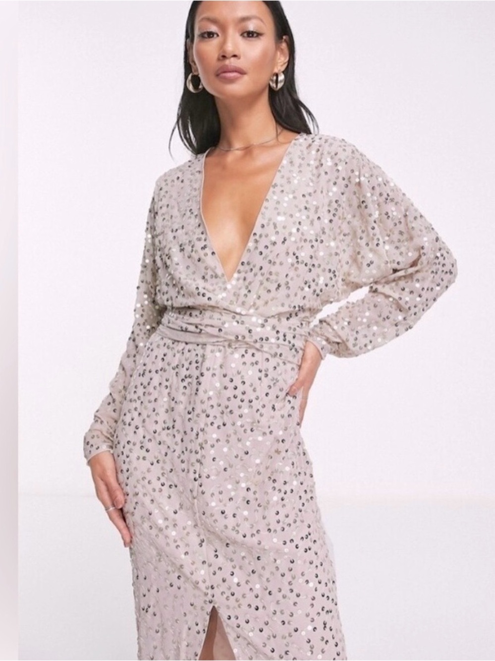 ASOS Champagne Sequin V-Neck Long Sleeve Dress